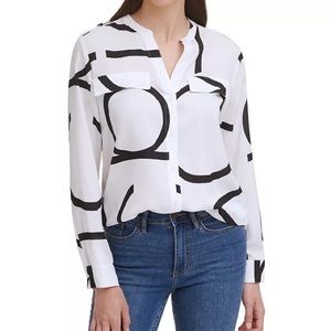 Calvin Klein Long Sleeve Logo Button Front Blouse, M